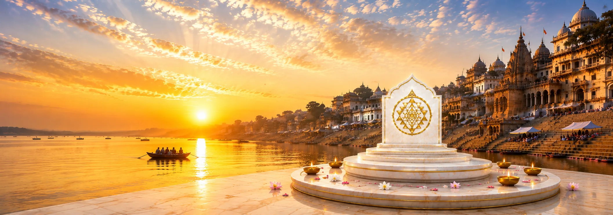 Sri Yantra shrine at sunrise on the Ganges, Varanasi